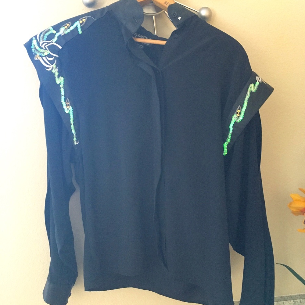 Neiman Marcus Elena By Jhene Glitter Black Shirt - Picture 1 of 6
